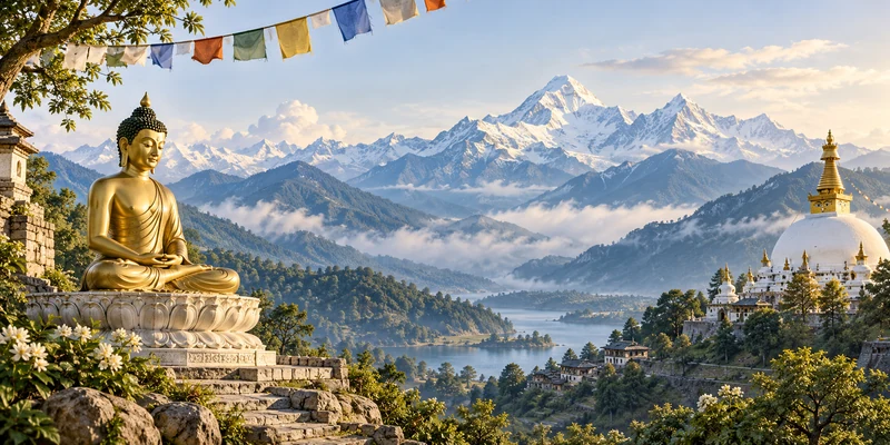 Illustration of Nepal's heritage: a golden Buddha, Himalayan peaks, prayer flags and a stupa